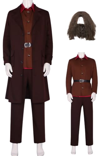 Cnulaueu Erwachsener Rubeus Hagrid Cosplay Kostüm Brauner Zauberer Mantel Robe Hemd Magic School Uniform Anzug Halloween Outfit (Brauner Anzug + Perücke, 3XL) von Cnulaueu