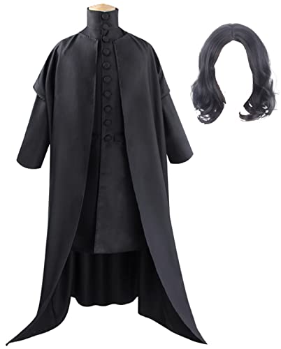 Cnulaueu Herren Professor Snape Cosplay Kostüm Schwarz Zauberer Mantel Robe Schule Uniform Mantel Anzug Halloween Outfit (Schwarzer Anzug + Perücke, L) von Cnulaueu