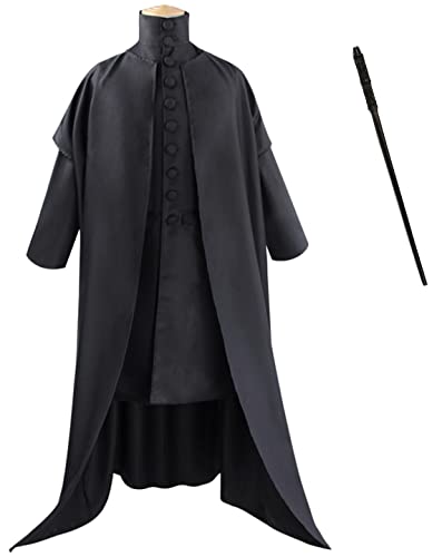 Cnulaueu Herren Professor Snape Cosplay Kostüm Schwarz Zauberer Mantel Robe Schule Uniform Mantel Anzug Halloween Outfit (Schwarzer Anzug + Zauberstab, 3XL) von Cnulaueu