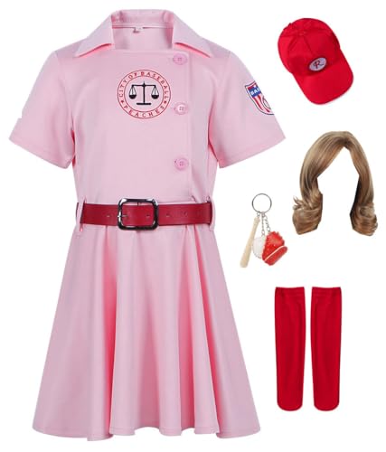 Cnulaueu League of Their Own Cosplay Kostüm Dottie Rosa Kleid Kleine Baseball Trikots Uniform Anzug Halloween Outfit (Rosa mit Perücke, L) von Cnulaueu