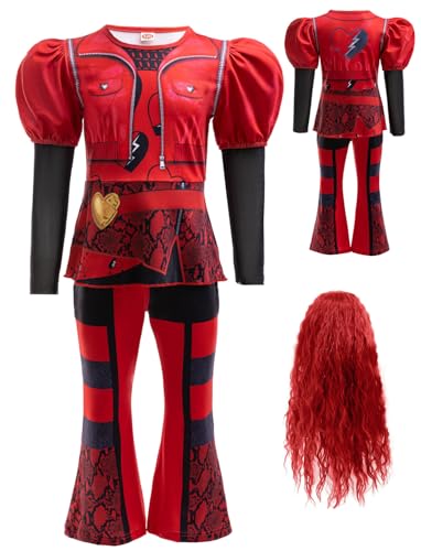 Cnulaueu Mädchen Descendants Rise of Red Uniform Anzug Red Cosplay Kostüm Halloween Outfit T-Shirt Hosen Full Set (Rot mit Perücke, L) von Cnulaueu