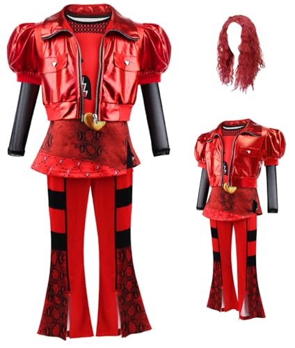 Cnulaueu Mädchen Rise of Red Jacke Uniform Anzug Descendants Cosplay Kostüm Halloween Outfit Rot Mantel Hosen Set (Rot mit Perücke, L) von Cnulaueu