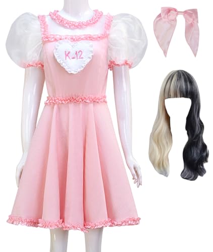 K12 Cosplay Kostüm Melanie Martinez Rosa Kleid mit Blumensaum Perücke Anzug Frauen Halloween Bühne Outfit (Rosa + Perücke, 3XL) von Cnulaueu