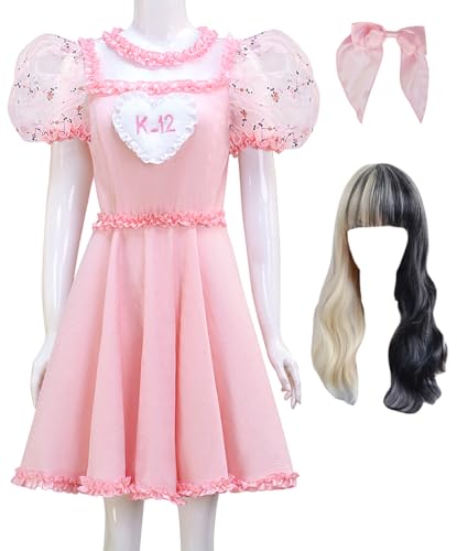 K12 Cosplay Kostüm Melanie Martinez Rosa Kleid mit Blumensaum Perücke Anzug Frauen Halloween Bühne Outfit (Rosa Stickerei + Perücke, L) von Cnulaueu