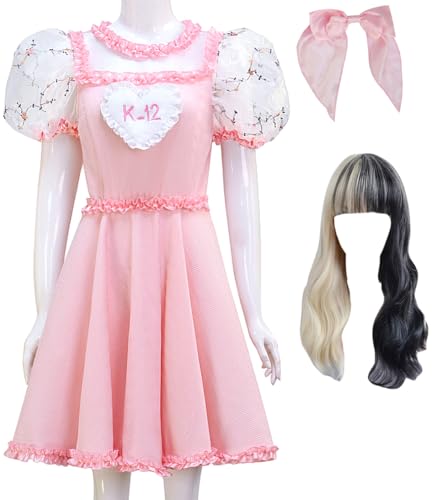 K12 Cosplay Kostüm Melanie Martinez Rosa Kleid mit Blumensaum Perücke Anzug Frauen Halloween Bühne Outfit (Weiße Stickerei + Perücke, 3XL) von Cnulaueu