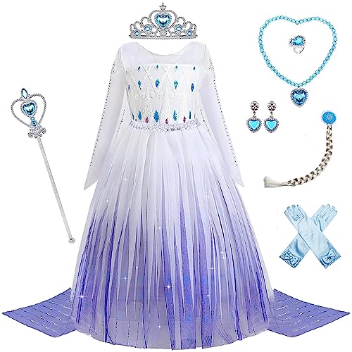 Mädchen Prinzessin Kleid, CoatCool 9-teiliges Kinder Kostüme für Mädchen Prinzessin Kostüm Kleid Dress mit Krone Zauberstab für Weihnachten Halloween Cosplay Verkleidung Karneval Geburtstag Party, 110 von CoatCool