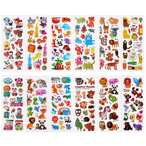 cobee 3D Puffy Aufkleber für Kinder, 12 Blätter niedliche Tier Kinder Aufkleber Schaumstoff Tier Aufkleber Lehrer Belohnungsaufkleber DIY Dekoration Aufkleber für Jungen Mädchen Basteln Scrapbooking von Cobee