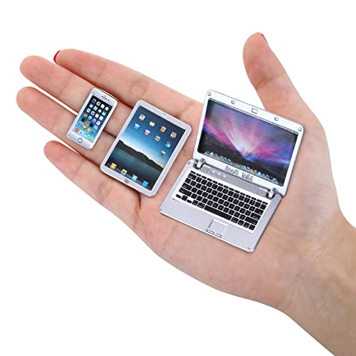 cobee 1:12 Puppenhaus Mini Laptop Set, Mini Metall Laptop Tablet Smartphone 3pcs Szene Simulation Zubehör Puppenhaus Möbel Puppenzubehör Spielset (Silber) von Cobee