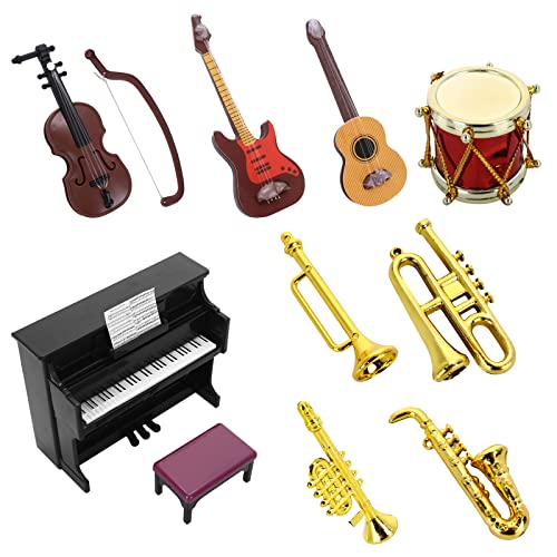 cobee Puppenhaus Miniatur Musikinstrumenten Set, 11 STÜCKE Puppenhaus Mini Musikinstrument Modell 1:12 Klavier Violine E-Gitarre Trompete Saxophon Modell Zubehör für Puppenhaus Mini Musikzimmer von Cobee