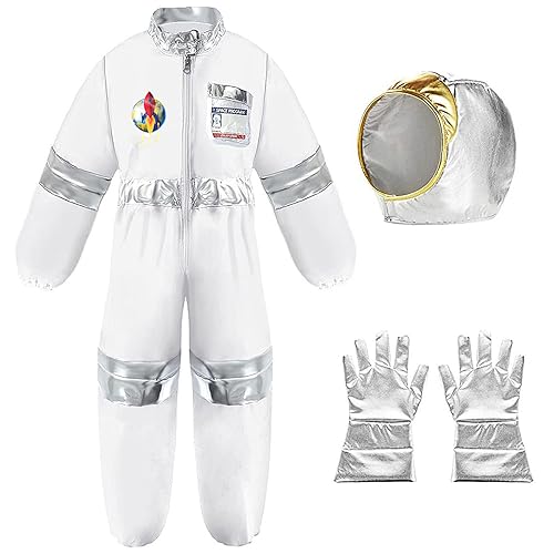 Astronautenkostüm für Kinder Jungen Mädchen Halloween Space Pretend Dress Up Cosplay Kostüme Jumpsuit mit Hut Handschuhe Set (White, 10-12 Years) von CocMouse