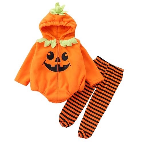 Baby Halloween Cosplay Kostüm Kleinkind Junge Mädchen Langarm Kürbis Strampler mit Kapuze&Gestreifte Hose Rollenspiel 2Stück Outfit (Orange A, 0-6 Months) von CocMouse