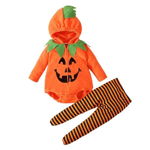 Baby Halloween Cosplay Kostüm Kleinkind Junge Mädchen Langarm Kürbis Strampler mit Kapuze&Gestreifte Hose Rollenspiel 2Stück Outfit (Orange B, 0-6 Months) von CocMouse