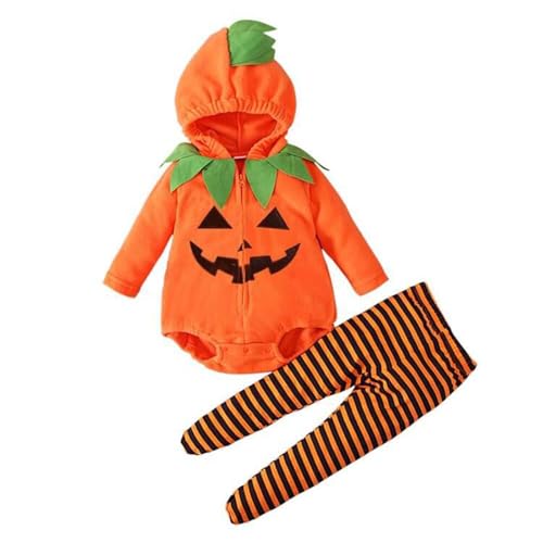 Baby Halloween Cosplay Kostüm Kleinkind Junge Mädchen Langarm Kürbis Strampler mit Kapuze&Gestreifte Hose Rollenspiel 2Stück Outfit (Orange C, 0-6 Months) von CocMouse