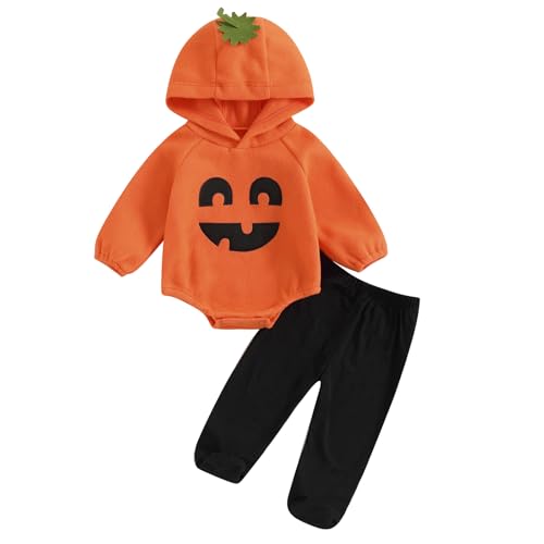 Baby Halloween Cosplay Kostüm Kleinkind Junge Mädchen Langarm Kürbis Strampler mit Kapuze&Gestreifte Hose Rollenspiel 2Stück Outfit (Orange D, 0-3 Months) von CocMouse