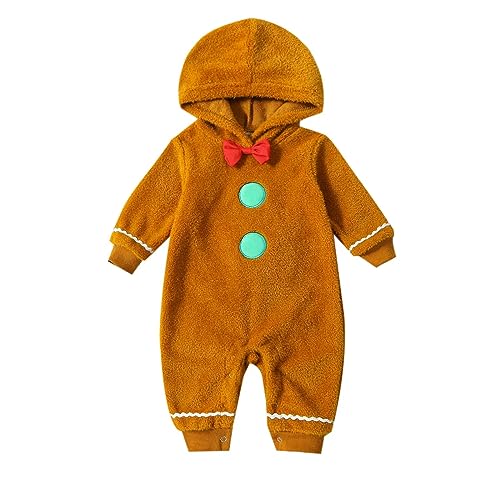 Baby Jungen Mädchen Weihnachten Lebkuchen Kleidung Fuzzy Einteilig Langarm Kapuze Strampler Jumpsuit Cosplay Outfit (A Brown, 6-12 Months) von CocMouse