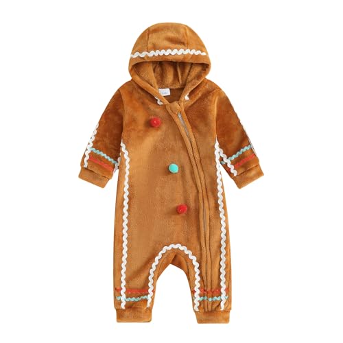 Baby Jungen Mädchen Weihnachten Lebkuchen Kleidung Fuzzy Einteilig Langarm Kapuze Strampler Jumpsuit Cosplay Outfit (B Brown, 12-18 Months) von CocMouse