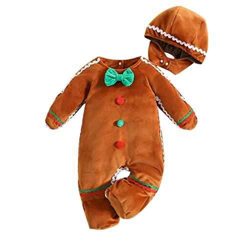 Baby Lebkuchen Kostüm Kleinkind Jungen Mädchen Weihnachten Outfit Fuzzy einteilig Langarm Strampler mit Hut Cosplay Outfit (Brown, 0-3 Months) von CocMouse