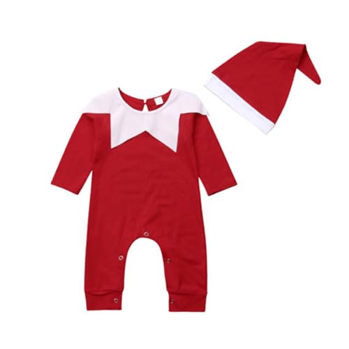 CocMouse Baby Junge Mädchen Elf Weihnachtsmann Kostüme Säugling My First Christmas Outfit Langarm Strampler Jumpsuit mit Xmas Hut (Red, 0-6 Months) von CocMouse