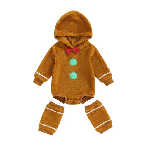 CocMouse Baby Lebkuchenmann Kostüm, Neugeborenes Junge Mädchen Langarm Kapuze Bogen Strampler mit Stulpen Cosplay Weihnachten Outfit (Brown, 0-6 Months) von CocMouse