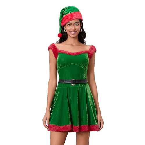 CocMouse Damen 2-teiliges Mrs.Claus Weihnachtsmann-Kostüm, ärmellos, Samtkleid mit Gürtel, Anzug mit Nikolausmütze, Cosplay-Outfits (Grün, M) von CocMouse