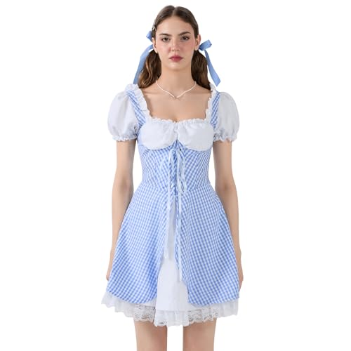 CocMouse Damen Cosplay Sweetie Kostüm Kurzer Puffärmel Spitze Saum Plaid Korsett Partykleid Halloween Karneval Fancy Outfit (Standard, L, Sky Blue) von CocMouse