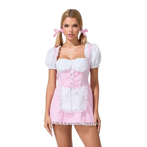 CocMouse Damen Cosplay Sweetie Kostüm Kurzer Puffärmel Spitze Saum Plaid Korsett Partykleid Halloween Karneval Fancy Outfit (Standard, M, Pink) von CocMouse