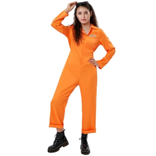 CocMouse Halloween Gefängnis Kostüme lange Ärmel Prisonr Jumpsuit für Erwachsene Kinder Kleinkinder Party Inmate Criminal Cosplay Outfits (A-Women Orange, L) von CocMouse