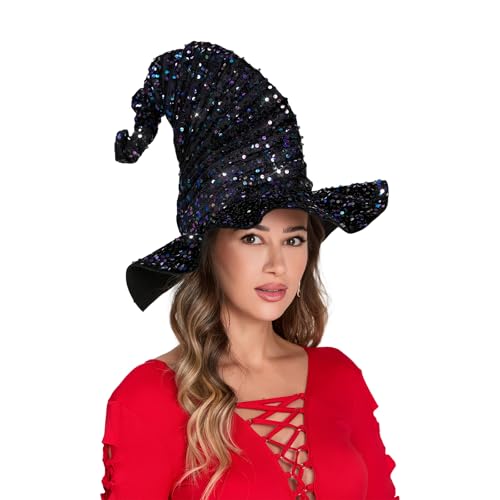 CocMouse Halloween-Hexenhüte für Damen, glitzernde Pailletten, breite Krempe, spitze Kappe, Cosplay, Party, Zaubererhüte, Kostümzubehör (mehrfarbig, Einheitsgröße) von CocMouse