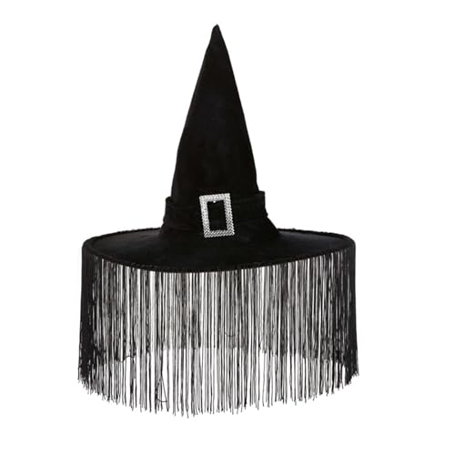 CocMouse Halloween Hexenhut Gothic Zauberer Hut mit Quaste Maskerade Cosplay Party Mädchen breite Krempe spitzer Hut Zubehör (Schwarz, Einheitsgröße) von CocMouse