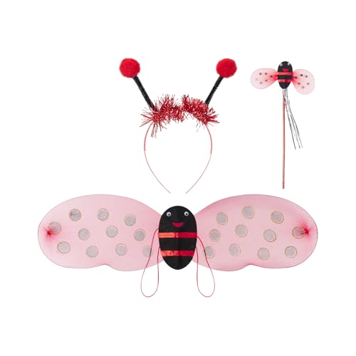 CocMouse Halloween Kinder Performance Kostüm Set Biene/Ladybug Flügel Tutu Rock Stirnband Zauberstab Cosplay Party Zubehör (Standard, One Size, Red-3Pcs) von CocMouse