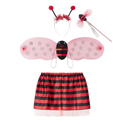 CocMouse Halloween Kinder Performance Kostüm Set Biene/Ladybug Flügel Tutu Rock Stirnband Zauberstab Cosplay Party Zubehör (Standard, One Size, Red-4Pcs) von CocMouse