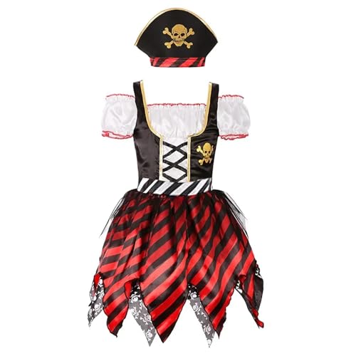 CocMouse Kinder Mädchen Piraten Kostüm Gestreift Kalte Schulter Kurze Ärmel Unregelmäßiger Saum Kleid&Hut Halloween Cosplay Party Outfit (Red, L) von CocMouse