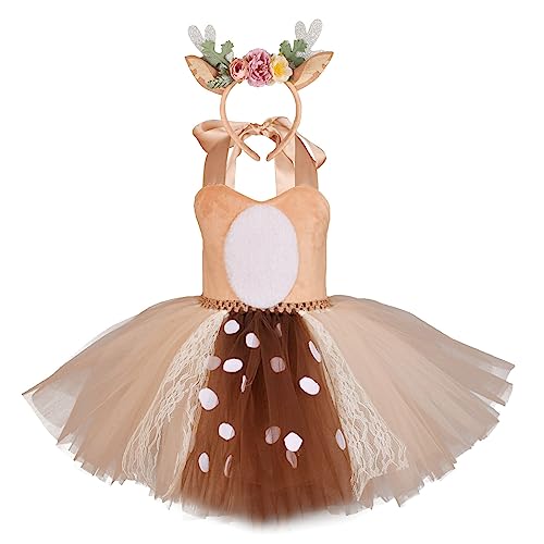 CocMouse Kinder Mädchen Weihnachten Elch Kostüme Rentier Hirsch Prinzessin Tutu Dress Up Kostüm Set mit Geweih Stirnband (A-Brown, 3-4T) von CocMouse