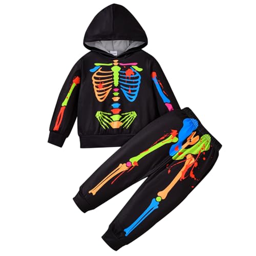 CocMouse Kleinkind Baby Boys Halloween Skelett Outfits Glow In The Dark Long Sleeve Hoodie und Hose Set 2Pcs Herbst Kleidung (Black, 18-24 Months) von CocMouse