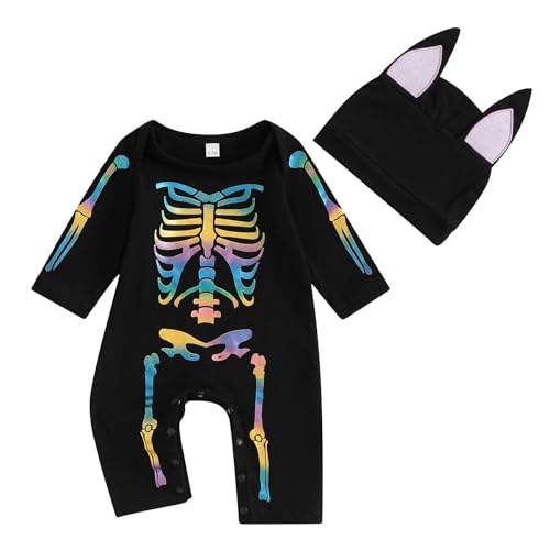 CocMouse Kleinkind Baby Jungen Mädchen Halloween Fledermaus Kostüme Langarm Skelett Druck Strampler Overall mit Hut Herbst Outfits (B Black, 0-3 Months) von CocMouse