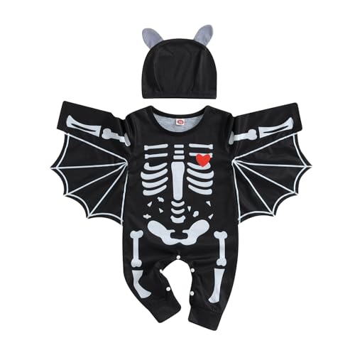 CocMouse Kleinkind Baby Jungen Mädchen Halloween Fledermaus Kostüme Langarm Skelett Druck Strampler Overall mit Hut Herbst Outfits (C Black, 0-3 Months) von CocMouse