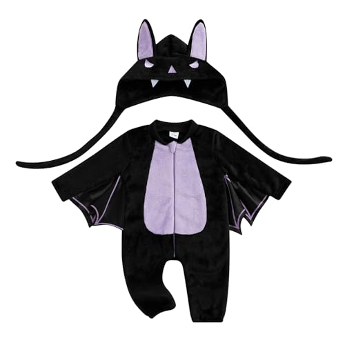 CocMouse Kleinkind Baby Jungen Mädchen Halloween Fledermaus Kostüme Langarm Skelett Druck Strampler Overall mit Hut Herbst Outfits (D Black, 12-18 Months) von CocMouse