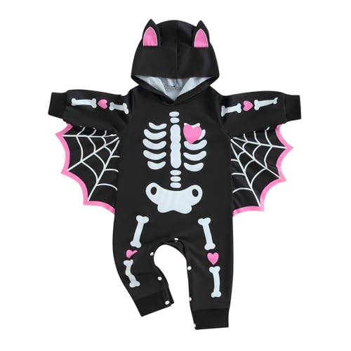 CocMouse Kleinkind Baby Jungen Mädchen Halloween Fledermaus Kostüme lange Ärmel Skelett Druck Strampler Overall mit Hut Herbst Outfits (Za Black, 0-6 Months) von CocMouse