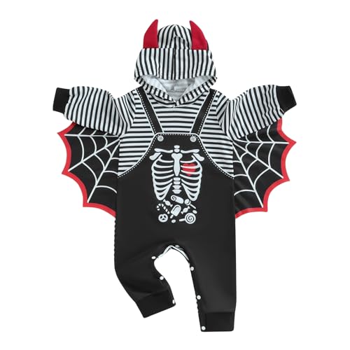 CocMouse Kleinkind Baby Jungen Mädchen Halloween Fledermaus Kostüme lange Ärmel Skelett Druck Strampler Overall mit Hut Herbst Outfits (Za Multi-Color, 0-6 Months) von CocMouse