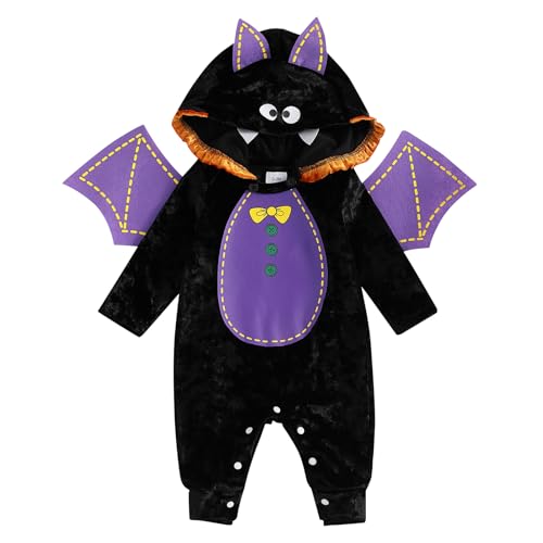 CocMouse Kleinkind Baby Jungen Mädchen Halloween Fledermaus Kostüme lange Ärmel Skelett Druck Strampler Overall mit Hut Herbst Outfits (Zb Black, 12-18 Months) von CocMouse