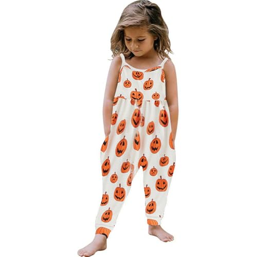 CocMouse Kleinkind Baby Mädchen Halloween Kostüm Spaghetti Straps Ghost/Pumpkin Print Strampler Jumpsuit Stirnband Einteilige Outfits (Orange, 12-24 Months) von CocMouse