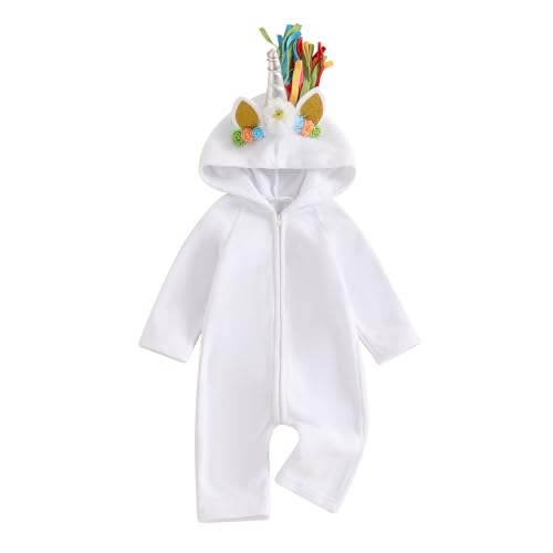 CocMouse Kleinkind Junge Mädchen Tier Kostüm Baby Halloween Einhorn Cosplay Kleidung Langarm mit Kapuze Fleece Outfit (A White, 12-18 Months) von CocMouse