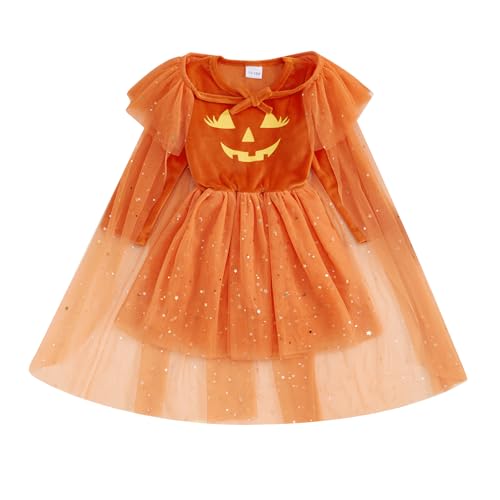 CocMouse Kleinkind Kinder Mädchen Halloween Outfit Kürbis Gesicht/Skelett Druck Langarm Tüll Patchwork A-Linie Kleid mit Schal (Orange, 18-24 Months) von CocMouse