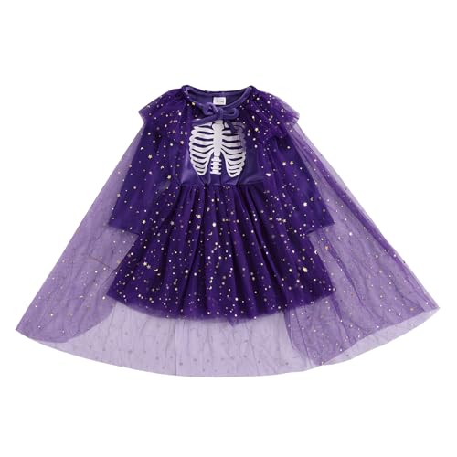 CocMouse Kleinkind Kinder Mädchen Halloween Outfit Kürbis Gesicht/Skelett Druck Langarm Tüll Patchwork A-Linie Kleid mit Schal (Purple, 3-4T) von CocMouse