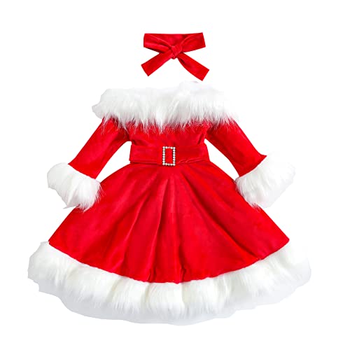 CocMouse Kleinkind Mädchen Weihnachten Kleid Weihnachtsmann Outfit Rot Langarm Prinzessin Plüsch Trim Kleid Samt Xmas Party Kleid (A Red, 2-3T) von CocMouse