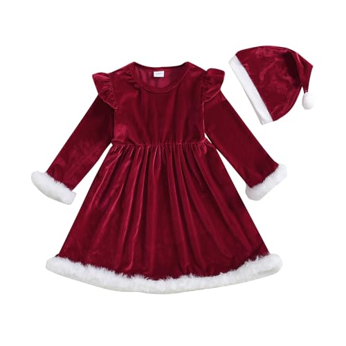 CocMouse Kleinkind Mädchen Weihnachten Kleid Weihnachtsmann Outfit Rot Langarm Prinzessin Plüsch Trim Kleid Samt Xmas Party Kleid (B Red, 12-18 Months) von CocMouse