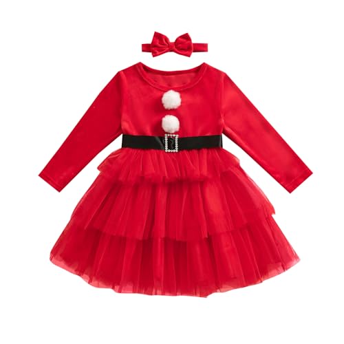 CocMouse Kleinkind Mädchen Weihnachten Kleid Weihnachtsmann Outfit Rot Langarm Prinzessin Plüsch Trim Kleid Samt Xmas Party Kleid (C Red, 3-4T) von CocMouse