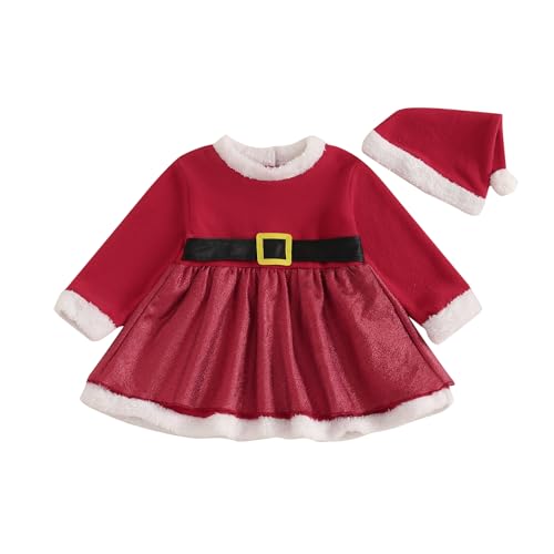 CocMouse Kleinkind Mädchen Weihnachten Kleid Weihnachtsmann Outfit Rot Langarm Prinzessin Plüsch Trim Kleid Samt Xmas Party Kleid (E Red, 12-18 Months) von CocMouse