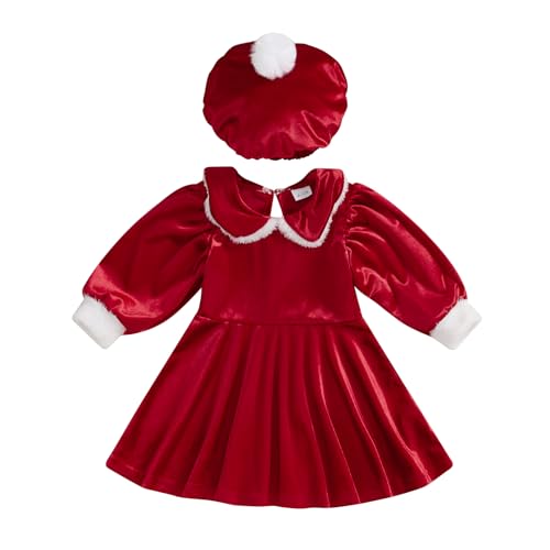 CocMouse Kleinkind Mädchen Weihnachten Kleid Weihnachtsmann Outfit Rot Langarm Prinzessin Plüsch Trim Kleid Samt Xmas Party Kleid (F Red, 12-18 Months) von CocMouse