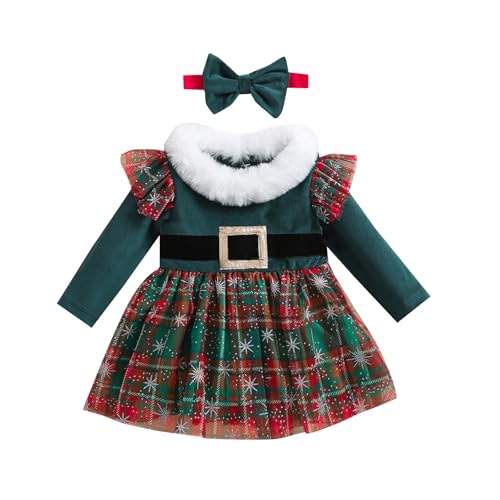 CocMouse Kleinkind Mädchen Weihnachten Kleid Weihnachtsmann Outfit Rot Langarm Prinzessin Plüsch Trim Kleid Samt Xmas Party Kleid (Za Green Plaid, 12-18 Months) von CocMouse